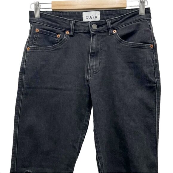 DU/ER DUER Performance Denim Straight Mid Jeans Aged Black Distressed Size 27 - Picture 3 of 13
